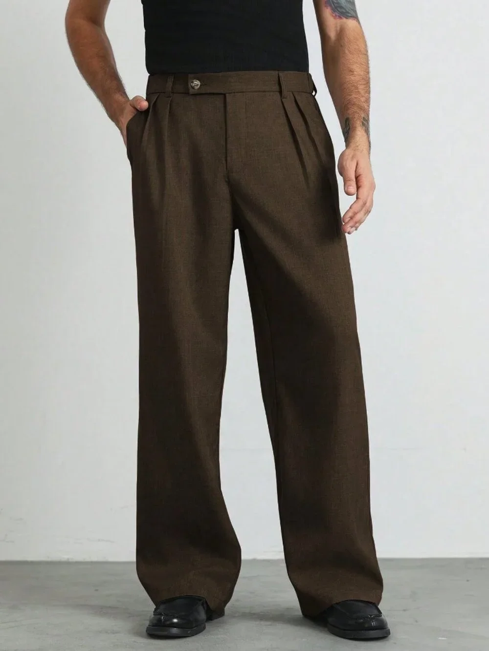 Coffee Brown Loose Fit Men's Plain Wide Leg Straight Long Pants